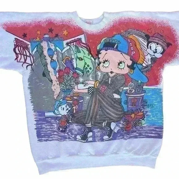 Vintage White FREEZE 1994 Betty Boop Crewneck All Over Print Sweatshirt Size XL - Picture 1 of 9